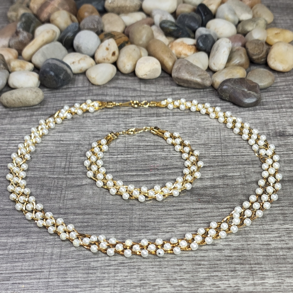 Multi-strand Fashion Pearl and Gold Necklace and Bracelet Set